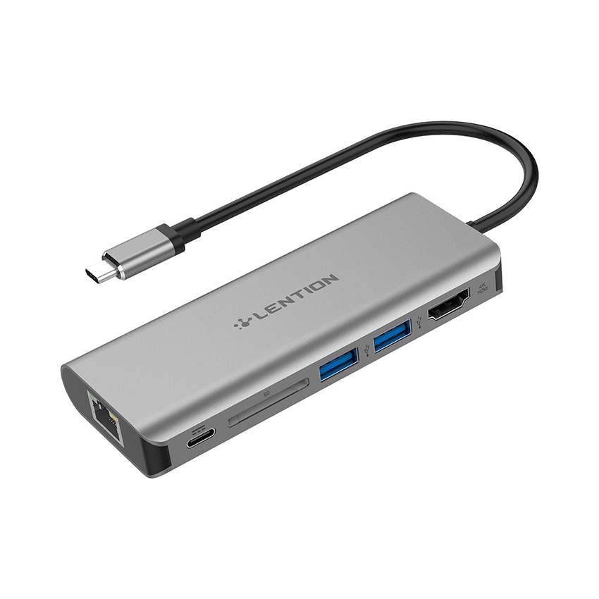 Bộ chuyển đổi Type C 6 trong 1 Lention C68-GR màu xám (USB Type-C sang HDMI, Lan Giga, 2 USB 3.0, SD, PD)