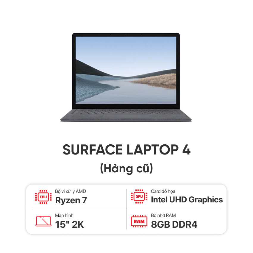 MICROSOFT SURFACE LAPTOP 4 (15-INCH) AMD RYZEN 7- RAM 8GB - SSD 256GB-15 INCH MÀN 2K CẢM ỨNG MÀU BẠC- HÀNG CŨ ĐẸP 99%, KÈM SẠC