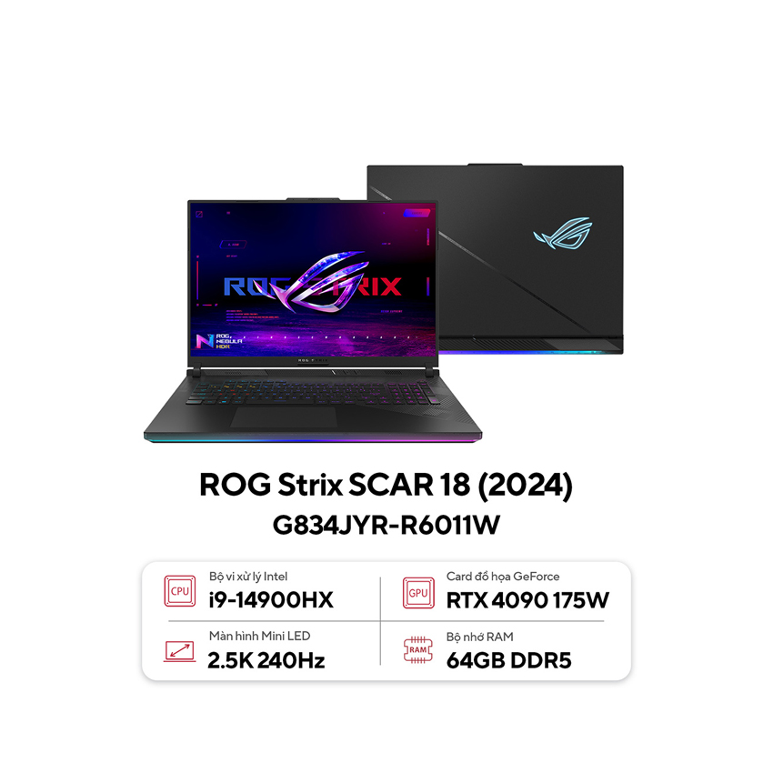 Laptop Asus Gaming ROG Strix G834JYR-R6011W (i9 14900HX/64GB RAM/2TB SSD/18  WQXGA 240hz/RTX 4090 16GB/Win11/Đen/Balo)