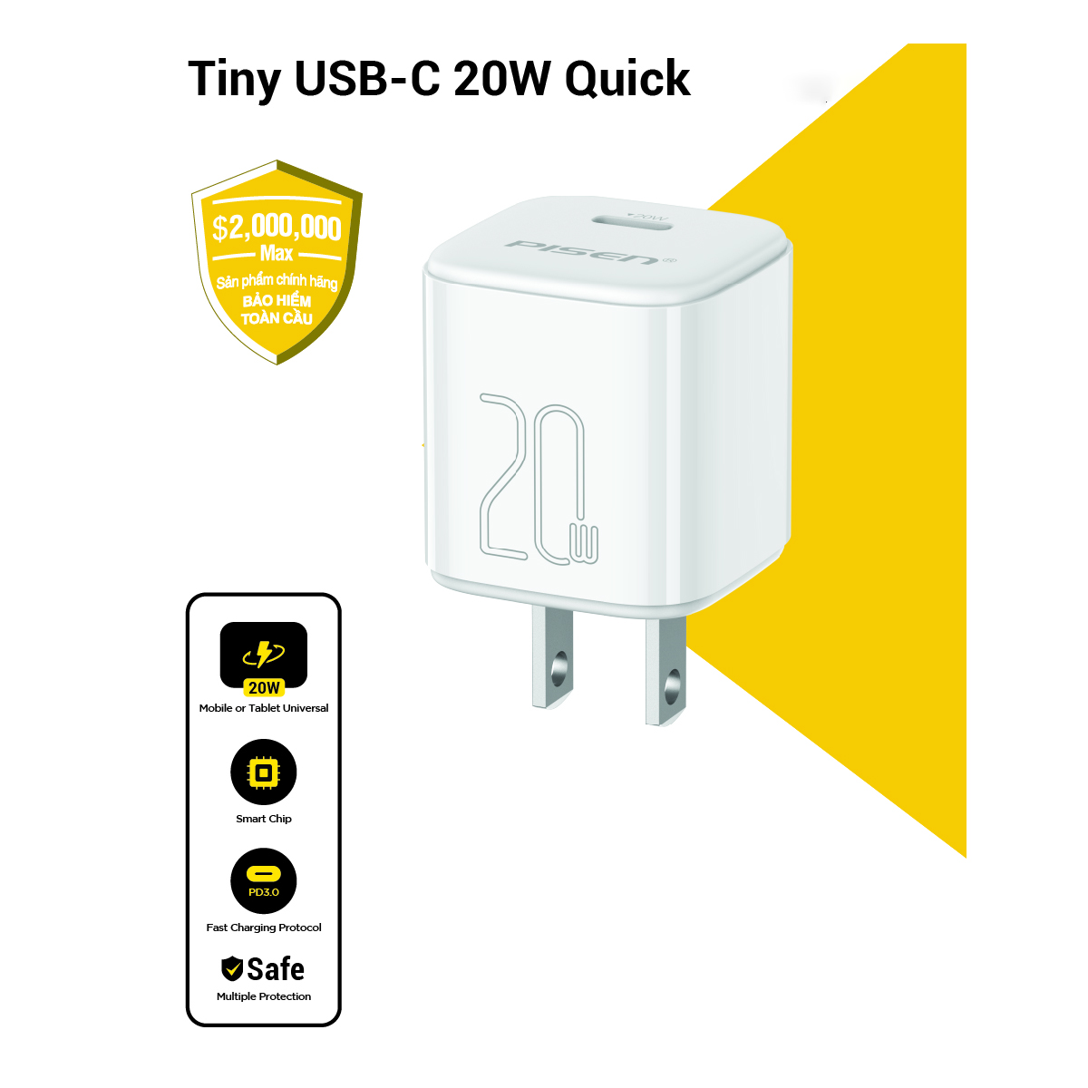 CỦ SẠC PISEN QUICK- MR WHITE TINY USB-C 20W