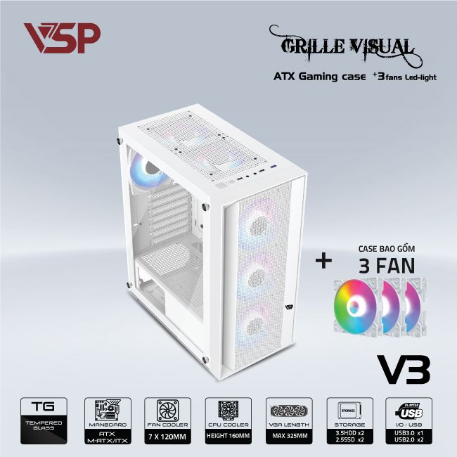 Vỏ Case VSP GAMING V3 - TRẮNG (ATX/Mid Tower) (