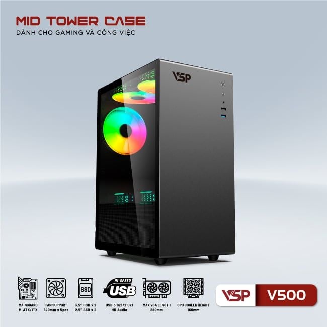 VỎ CASE VSP V500 - ĐEN (ATX/MID TOWER)