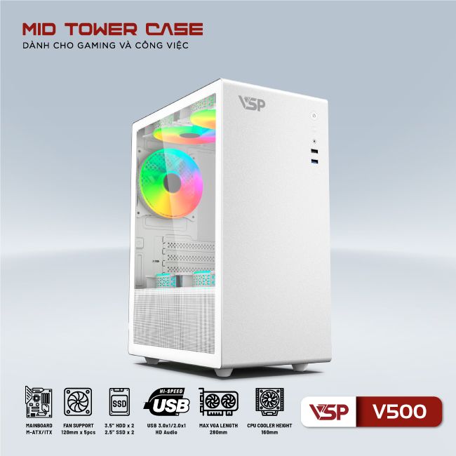 VỎ CASE VSP V500 - TRẮNG (ATX/MID TOWER)