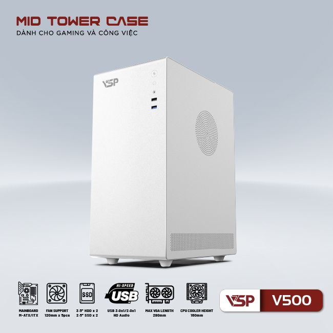 Vỏ Case VSP V500 - TRẮNG (ATX/Mid Tower)