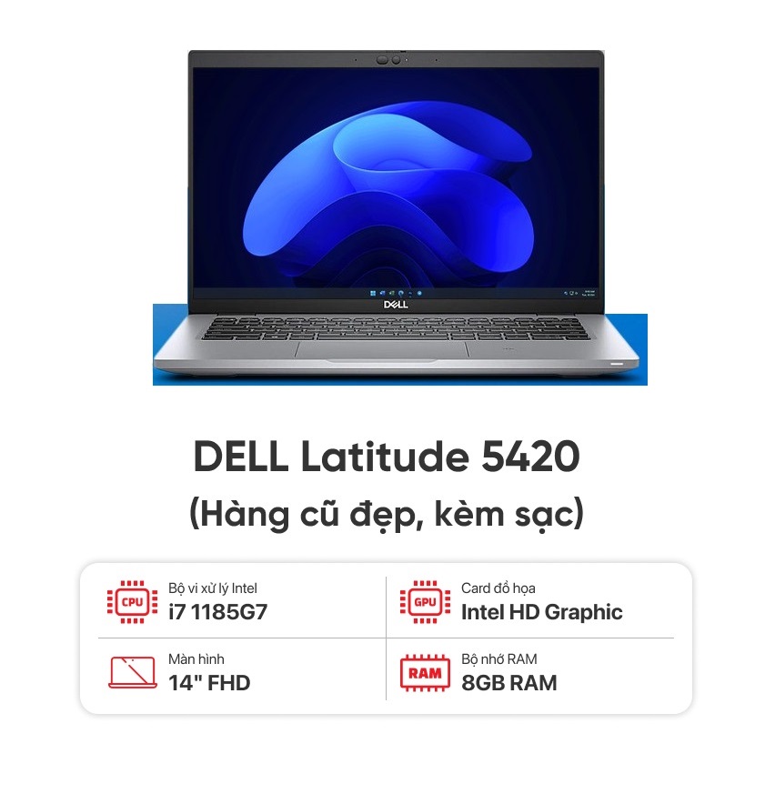 LAPTOP DELL LATITUDE 5420 / I7 1185G7 / 8GB RAM / 256GB SSD / MÀN 14 INCH FHD / KÈM SẠC - HÀNG CŨ ĐẸP