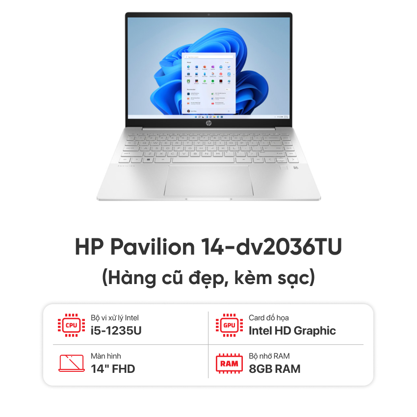 Laptop HP Pavilion 14-dv2036TU (I5-1235U/8GB RAM/256GB SSD/14 FHD/Win11/Bạc/Kèm sạc) - Hàng cũ đẹp ( Có vỏ hộp)