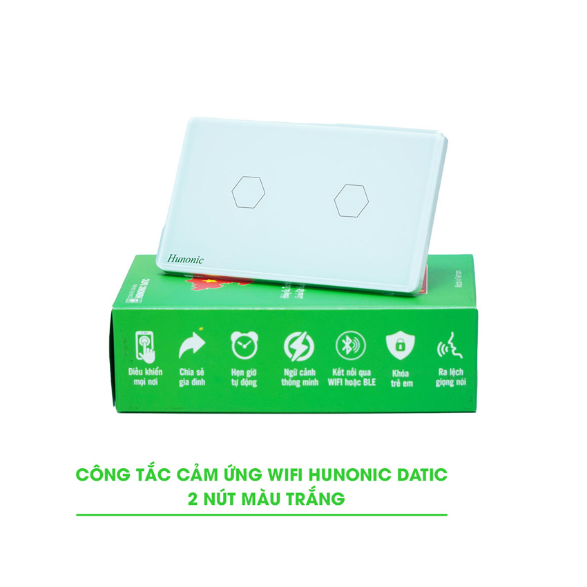 CÔNG TẮC HUNONIC WIFI HÌNH CHỮ NHẬT - 2 NÚT (Màu trắng) - Hình 1