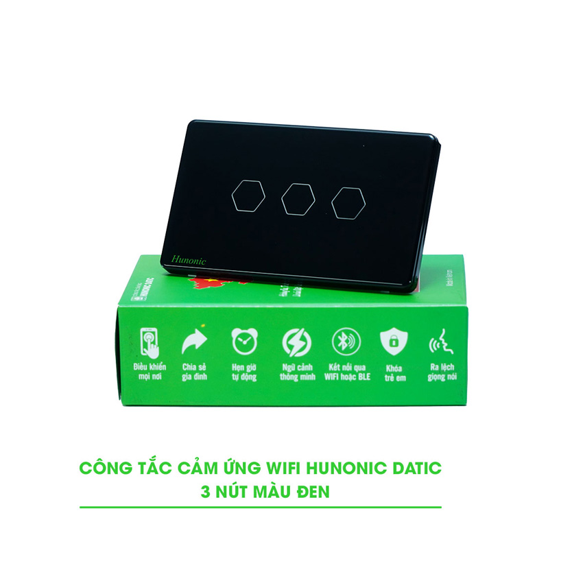 CÔNG TẮC HUNONIC WIFI HÌNH CHỮ NHẬT - 3 NÚT (Màu đen) - Hình 1