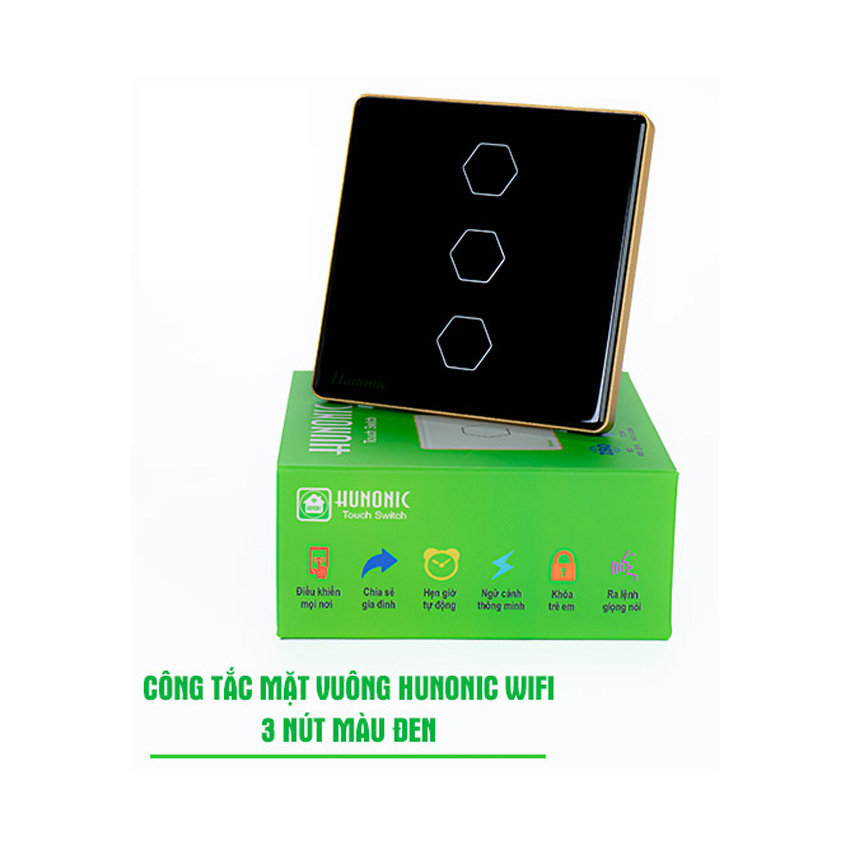 CÔNG TẮC HUNONIC WIFI HÌNH VUÔNG - 3 NÚT (Màu đen) - Hình 1