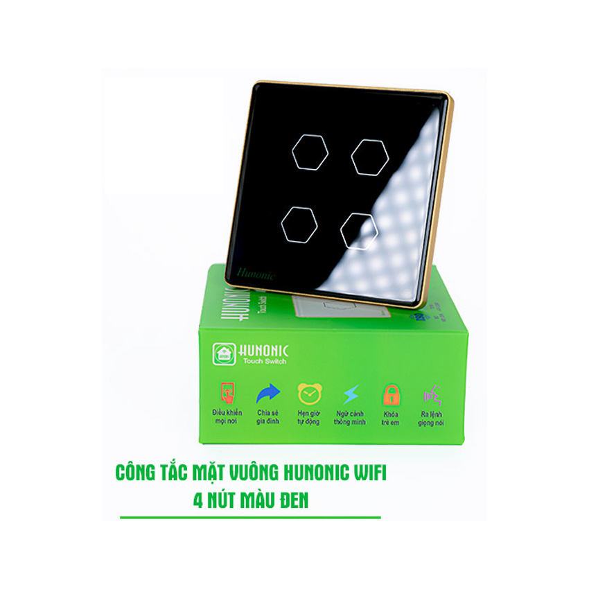 CÔNG TẮC HUNONIC WIFI HÌNH VUÔNG - 4 NÚT (Màu đen) - Hình 1