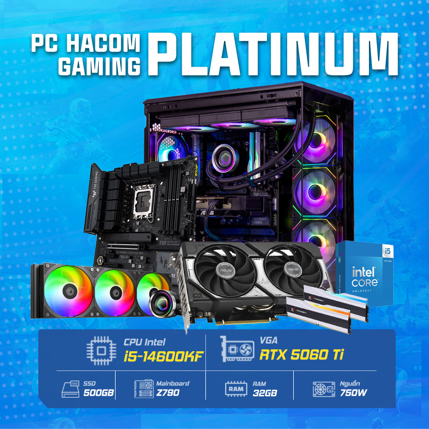 PC HACOM PLATINUM PRO 013 ( Intel i5 14600KF / VGA RTX 5060Ti ) POWERED BY ASUS chính hãng