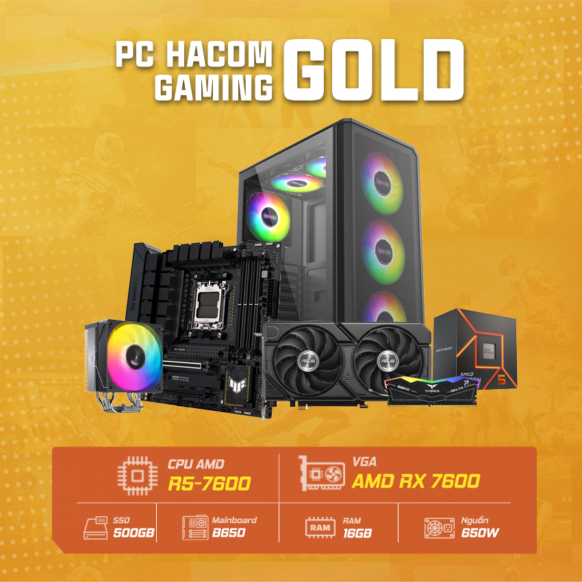 PC HACOM GOLD PRO 019 ( Ryzen 7600 / VGA RX 7600) POWERED BY ASUS chính hãng